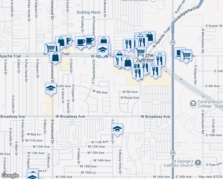 map of restaurants, bars, coffee shops, grocery stores, and more near 441 South Cardinal Drive in Apache Junction