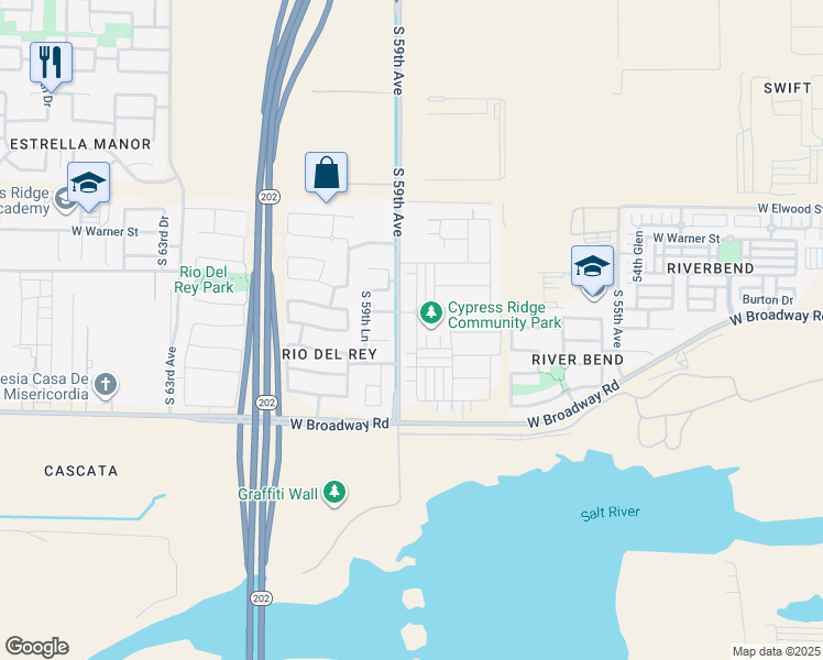map of restaurants, bars, coffee shops, grocery stores, and more near 4046 South 58th Lane in Phoenix