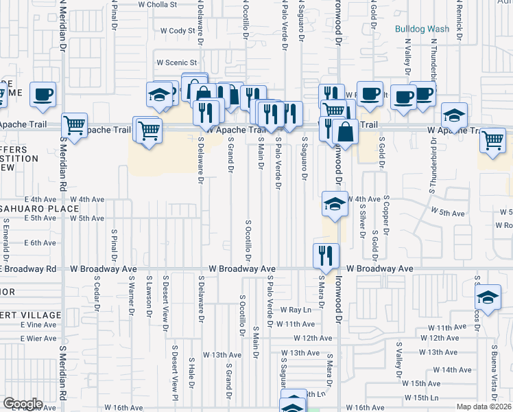 map of restaurants, bars, coffee shops, grocery stores, and more near 446 South Main Drive in Apache Junction