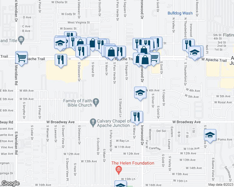 map of restaurants, bars, coffee shops, grocery stores, and more near 443 South Palo Verde Drive in Apache Junction
