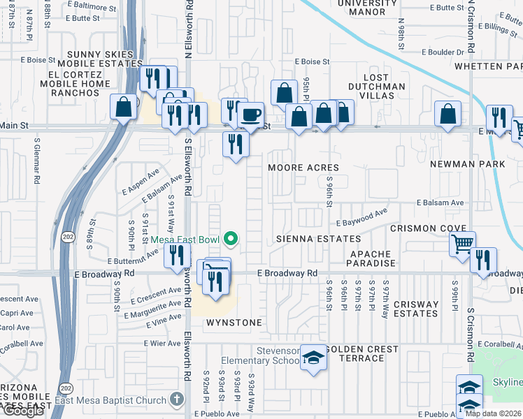 map of restaurants, bars, coffee shops, grocery stores, and more near 9302 East Broadway Road in Mesa