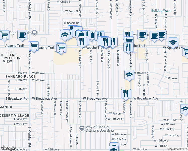 map of restaurants, bars, coffee shops, grocery stores, and more near 435 South Grand Drive in Apache Junction