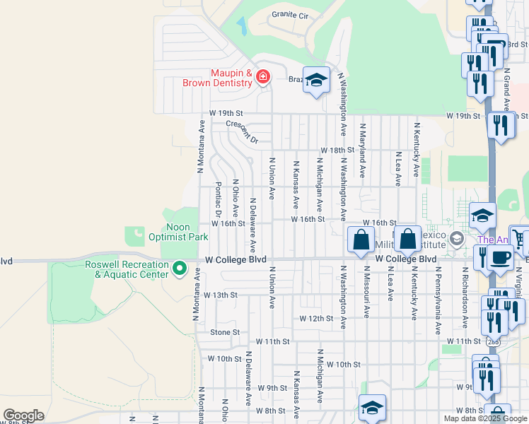 map of restaurants, bars, coffee shops, grocery stores, and more near 1604 North Union Avenue in Roswell