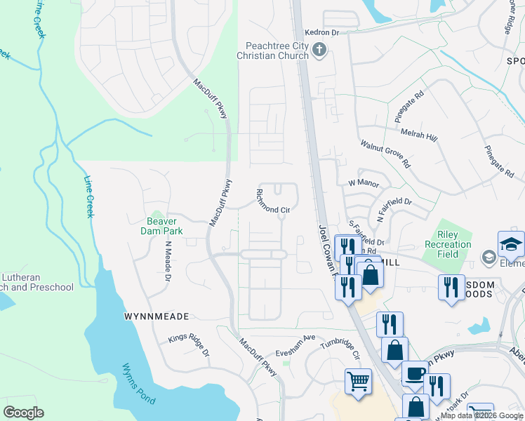 map of restaurants, bars, coffee shops, grocery stores, and more near 804 Richmond Circle in Peachtree City