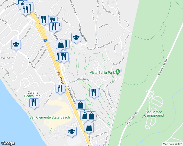 map of restaurants, bars, coffee shops, grocery stores, and more near 413 Avenida Crespi in San Clemente