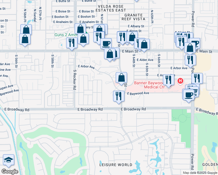 map of restaurants, bars, coffee shops, grocery stores, and more near 330 South Pinnule Circle in Mesa