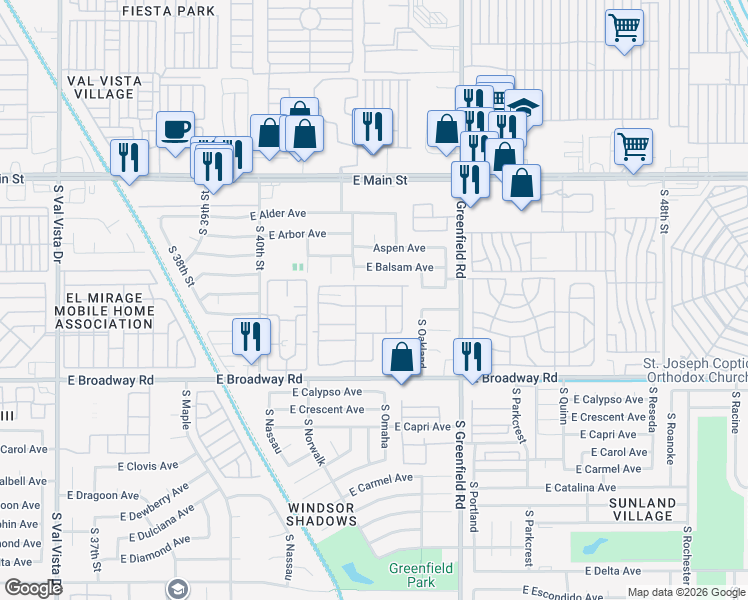 map of restaurants, bars, coffee shops, grocery stores, and more near 4202 East Broadway Road in Mesa