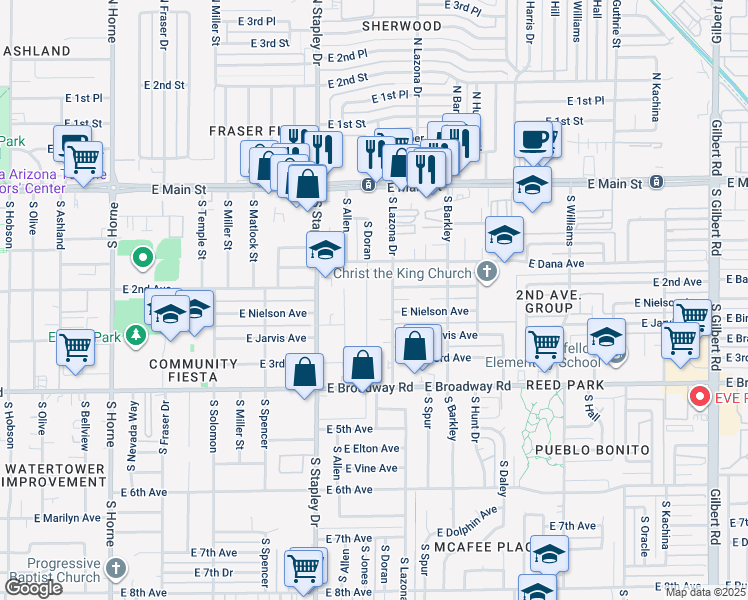 map of restaurants, bars, coffee shops, grocery stores, and more near 226 South Lazona Drive in Mesa