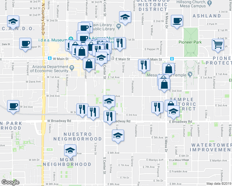 map of restaurants, bars, coffee shops, grocery stores, and more near 54 East 2nd Avenue in Mesa