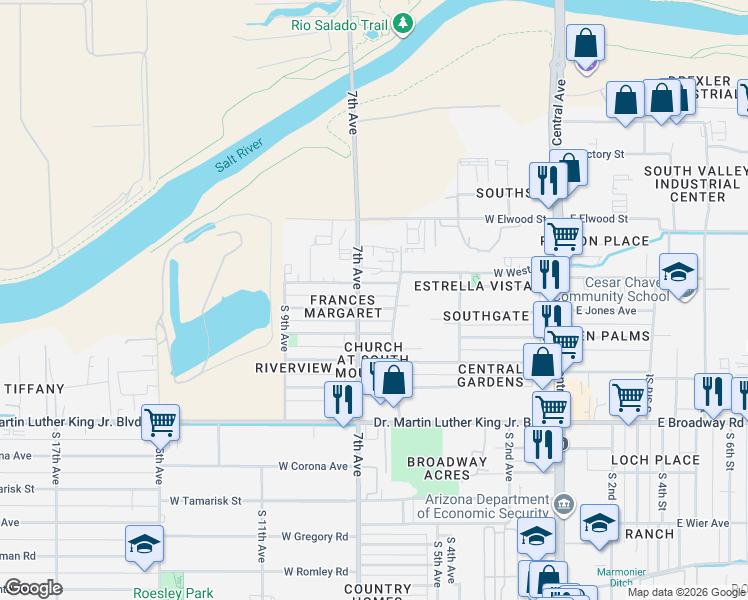 map of restaurants, bars, coffee shops, grocery stores, and more near 628 West Jones Avenue in Phoenix