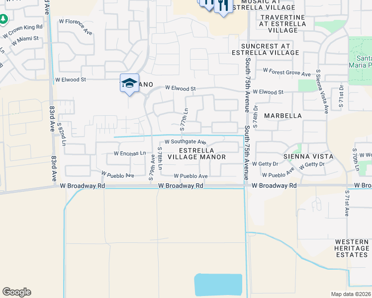 map of restaurants, bars, coffee shops, grocery stores, and more near 7724 West Encinas Lane in Phoenix