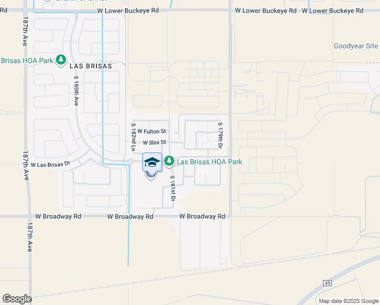 map of restaurants, bars, coffee shops, grocery stores, and more near 18049 West Vista Norte Street in Goodyear