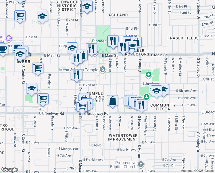 map of restaurants, bars, coffee shops, grocery stores, and more near 543 East 2nd Avenue in Mesa