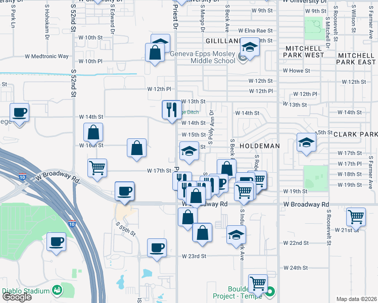 map of restaurants, bars, coffee shops, grocery stores, and more near 1351 West 16th Street in Tempe