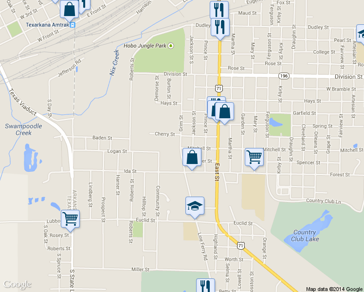 map of restaurants, bars, coffee shops, grocery stores, and more near 1018 Grim St in Texarkana