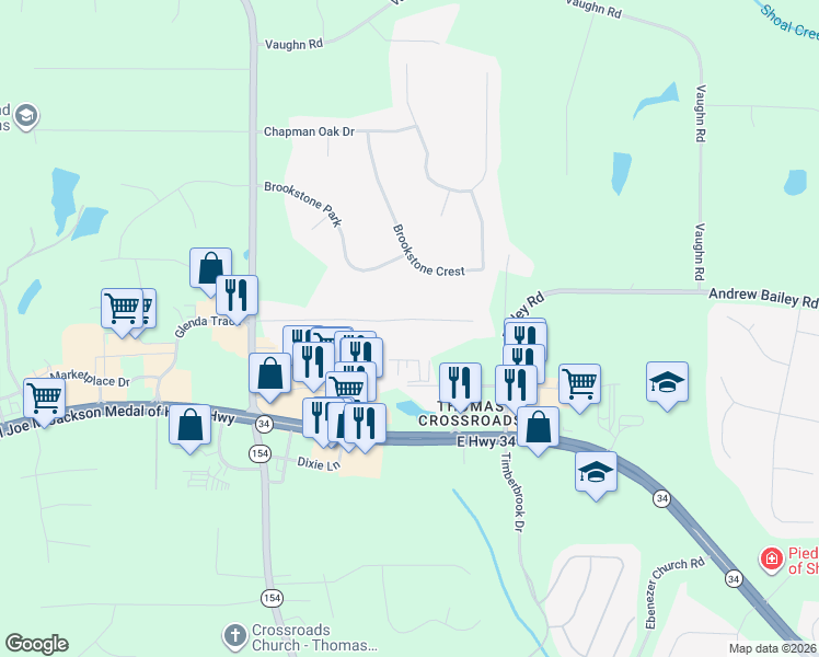 map of restaurants, bars, coffee shops, grocery stores, and more near 155 Firethorne Drive in Newnan