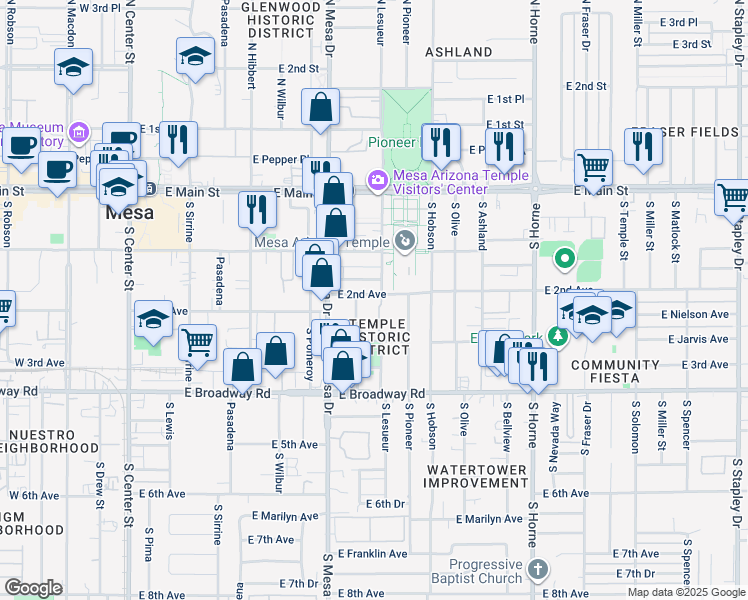 map of restaurants, bars, coffee shops, grocery stores, and more near 451 East 2nd Avenue in Mesa