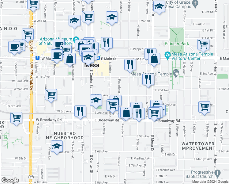 map of restaurants, bars, coffee shops, grocery stores, and more near 108 East 2nd Avenue in Mesa