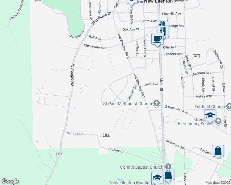 map of restaurants, bars, coffee shops, grocery stores, and more near 407 Hillcrest Drive in New Ellenton