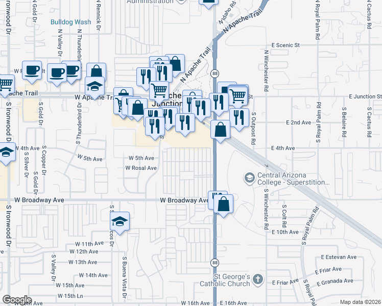 map of restaurants, bars, coffee shops, grocery stores, and more near 447-499 4th Ave in Apache Junction