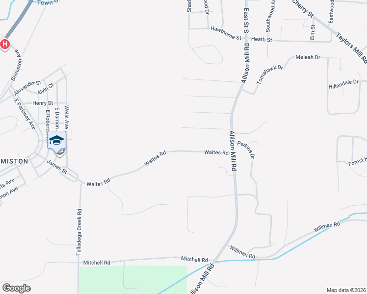 map of restaurants, bars, coffee shops, grocery stores, and more near 223 Waites Road in Talladega