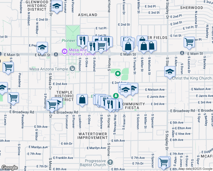 map of restaurants, bars, coffee shops, grocery stores, and more near 208 South Horne in Mesa