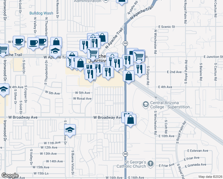 map of restaurants, bars, coffee shops, grocery stores, and more near 447-499 4th Ave in Apache Junction