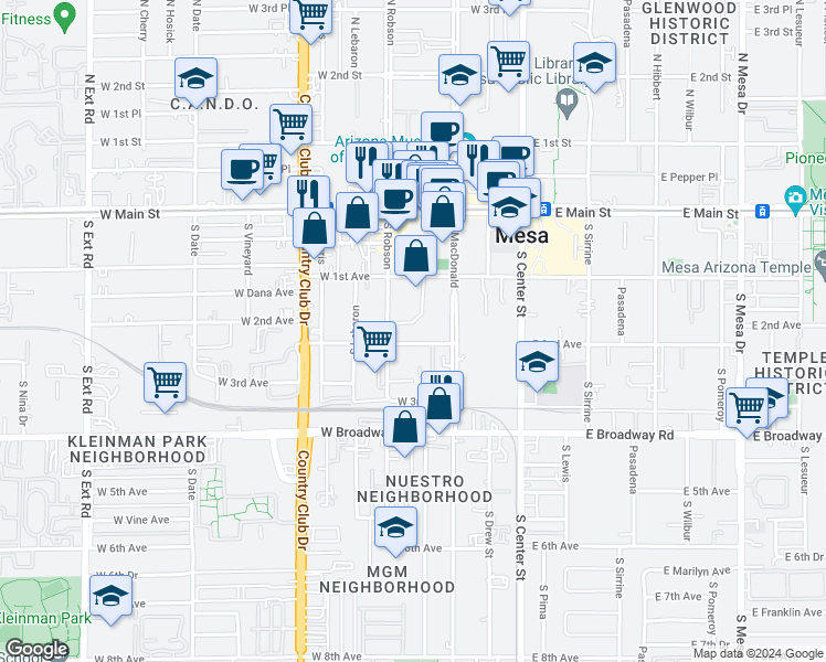 map of restaurants, bars, coffee shops, grocery stores, and more near 145 West 2nd Avenue in Mesa