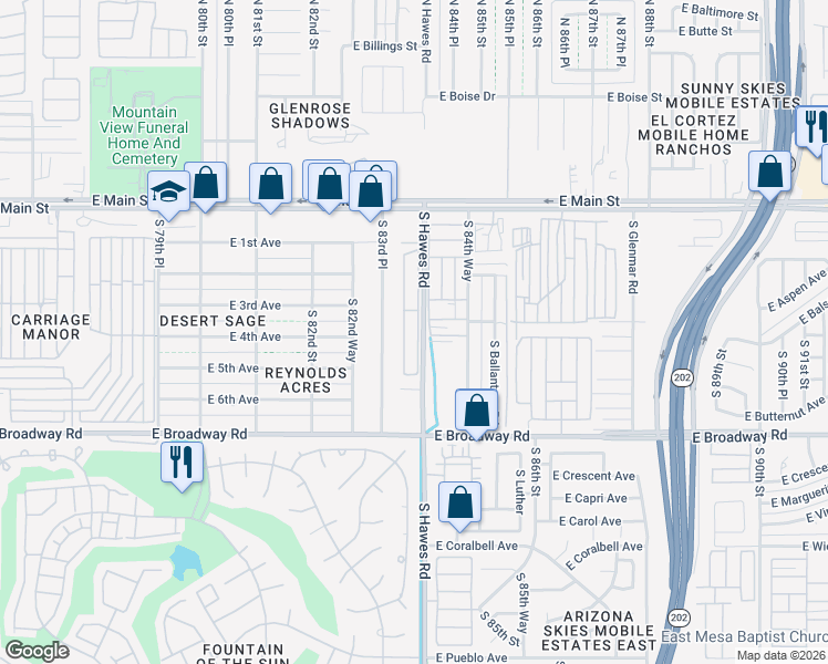 map of restaurants, bars, coffee shops, grocery stores, and more near 213 South 83rd Place in Mesa