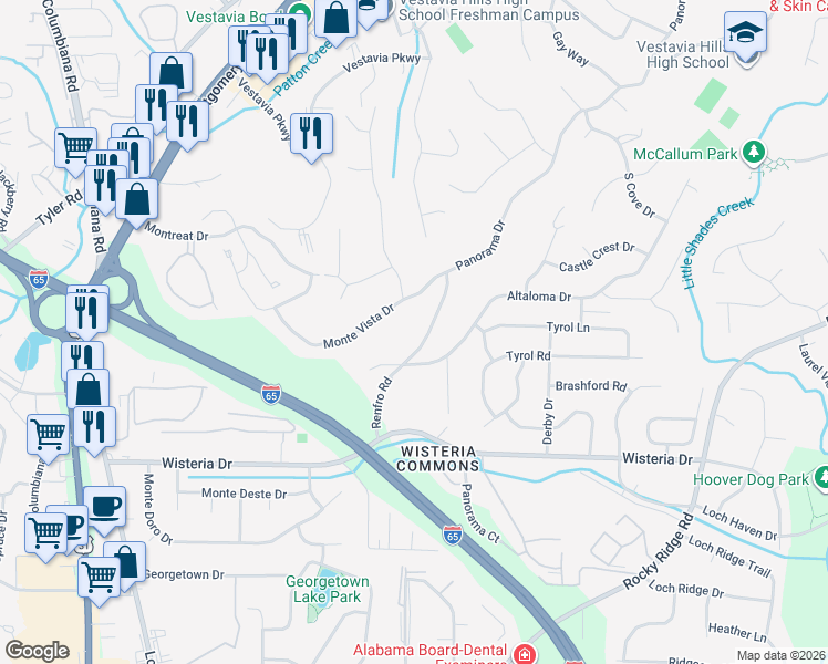 map of restaurants, bars, coffee shops, grocery stores, and more near 3118 Renfro Road in Vestavia Hills