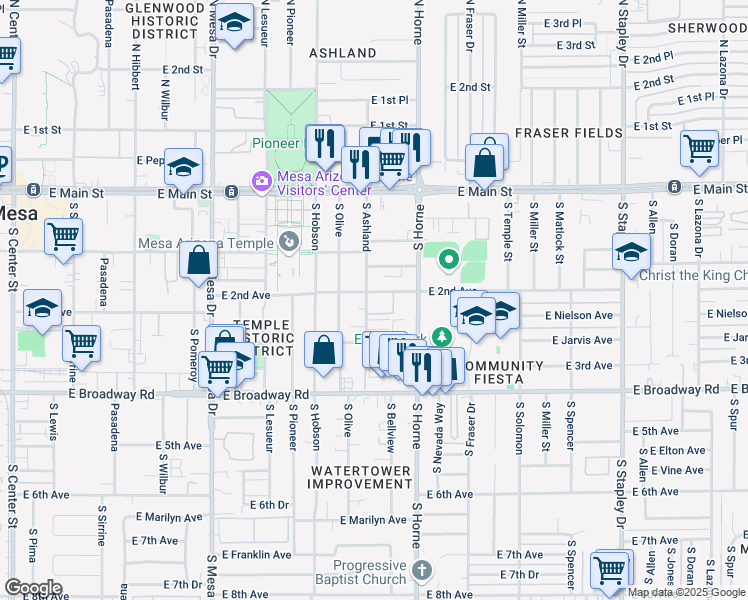 map of restaurants, bars, coffee shops, grocery stores, and more near 723 East 2nd Avenue in Mesa