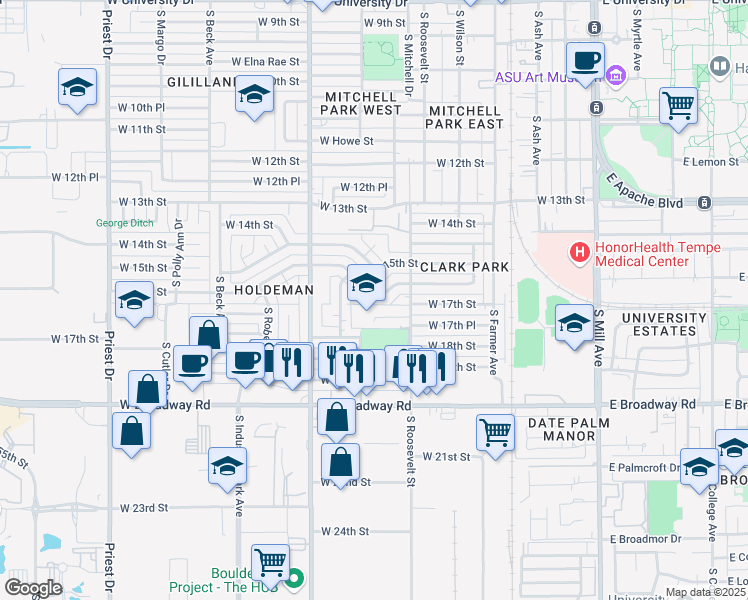 map of restaurants, bars, coffee shops, grocery stores, and more near 639 West 16th Street in Tempe