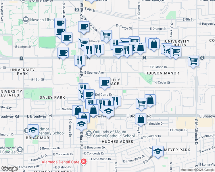 map of restaurants, bars, coffee shops, grocery stores, and more near 1441 South Bonarden Lane in Tempe