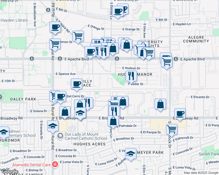 map of restaurants, bars, coffee shops, grocery stores, and more near 1445 South Kenneth Place in Tempe