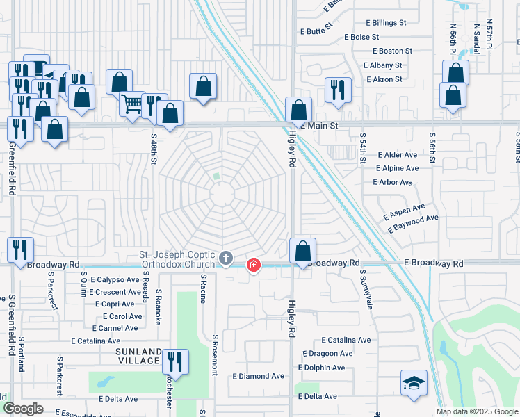 map of restaurants, bars, coffee shops, grocery stores, and more near 6th Street in Mesa