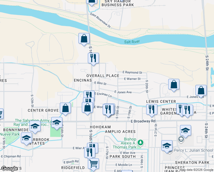 map of restaurants, bars, coffee shops, grocery stores, and more near 1634 East Jones Avenue in Phoenix