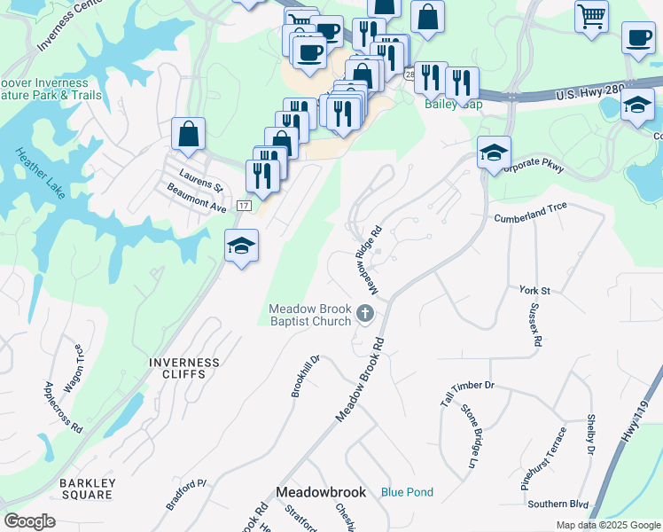 map of restaurants, bars, coffee shops, grocery stores, and more near 2404 Meadow Ridge Road in Birmingham