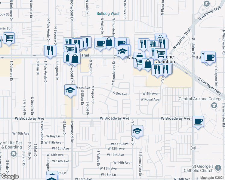 map of restaurants, bars, coffee shops, grocery stores, and more near 437 South Thunderbird Drive in Apache Junction