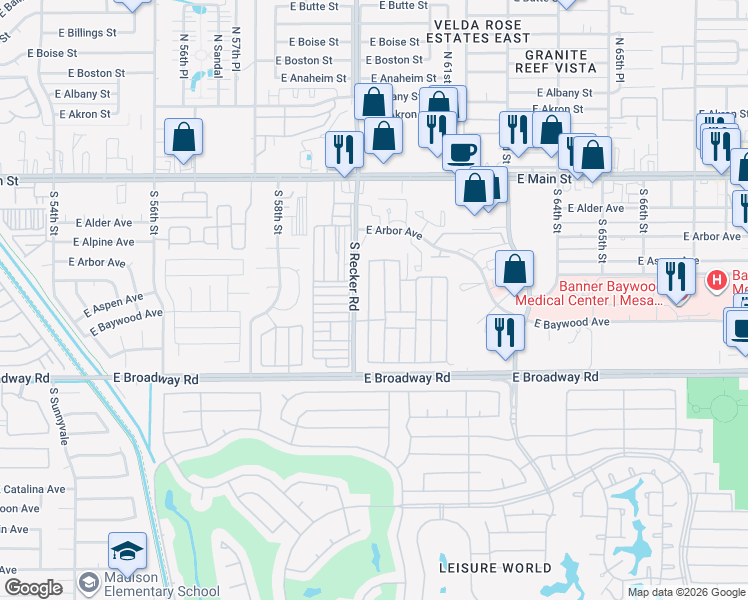 map of restaurants, bars, coffee shops, grocery stores, and more near 303 South Recker Road in Mesa