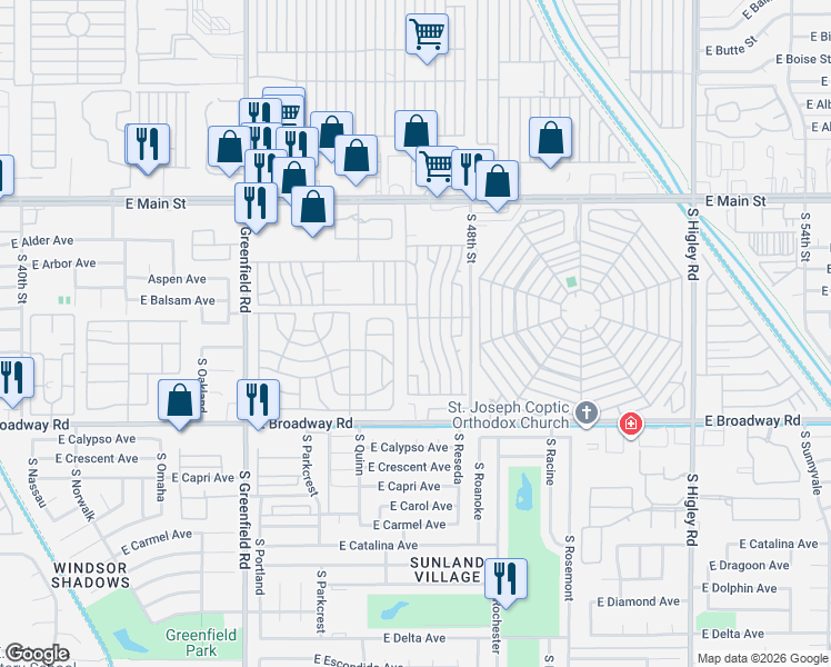 map of restaurants, bars, coffee shops, grocery stores, and more near Via Bonita Road in Mesa