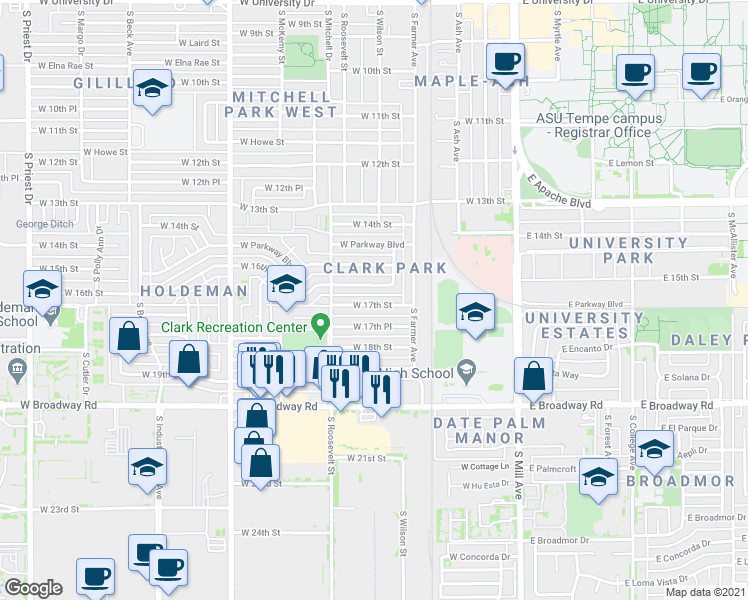 map of restaurants, bars, coffee shops, grocery stores, and more near 533 West 17th Street in Tempe