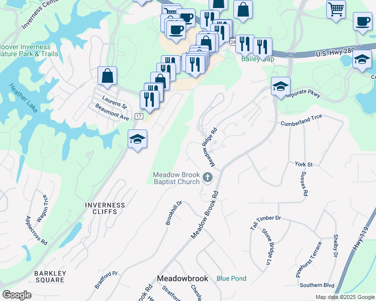 map of restaurants, bars, coffee shops, grocery stores, and more near 2404 Meadow Ridge Road in Birmingham