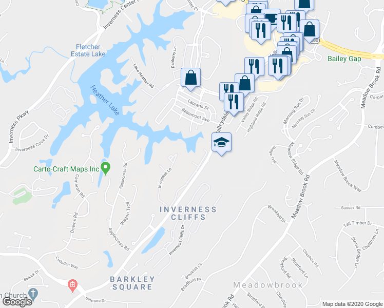 map of restaurants, bars, coffee shops, grocery stores, and more near 1405 Inverness Landing in Birmingham