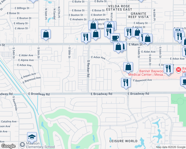 map of restaurants, bars, coffee shops, grocery stores, and more near 303 South Recker Road in Mesa