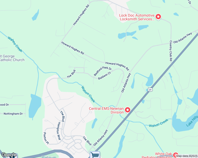 map of restaurants, bars, coffee shops, grocery stores, and more near 317 Baldwin Court in Newnan