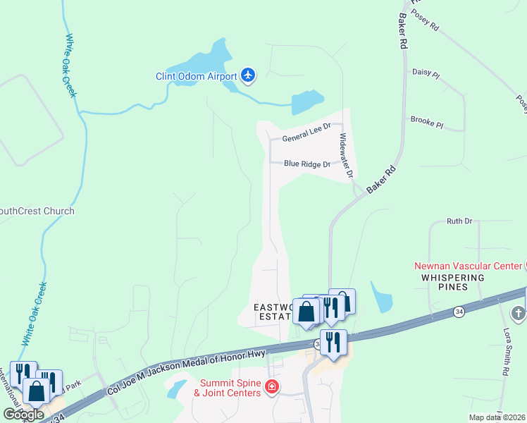 map of restaurants, bars, coffee shops, grocery stores, and more near 160 Jeb Stuart Drive in Newnan