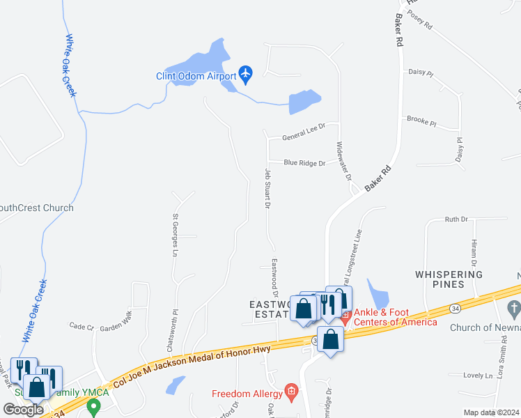 map of restaurants, bars, coffee shops, grocery stores, and more near 146 Jeb Stuart Drive in Newnan
