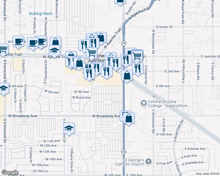 map of restaurants, bars, coffee shops, grocery stores, and more near 447-499 4th Ave in Apache Junction