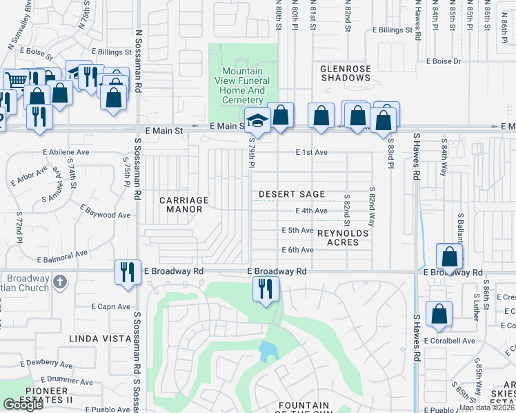 map of restaurants, bars, coffee shops, grocery stores, and more near 7918 East 4th Avenue in Mesa