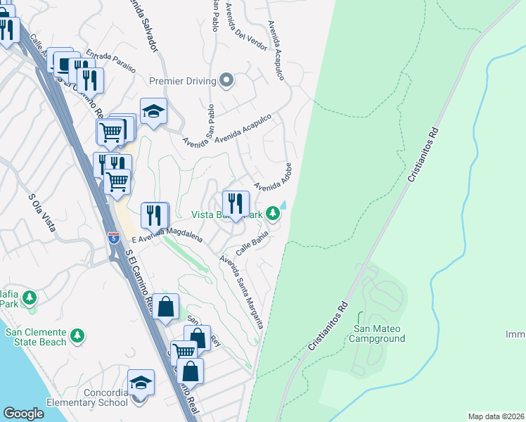map of restaurants, bars, coffee shops, grocery stores, and more near 710 Calle Bahia in San Clemente